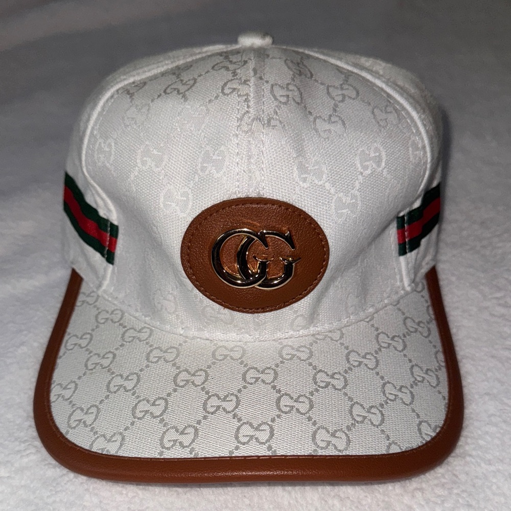Gucci White Cap with Brown and Green Accents